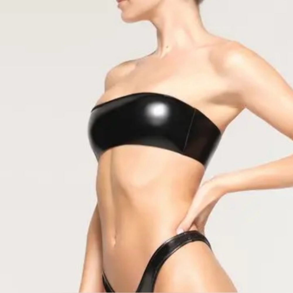 Skims Patent Faux Leather Swim Micro Bandeau Top Onyx